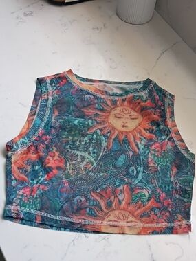 Boho Sun Graphic Cropped Tank - Teal & Coral